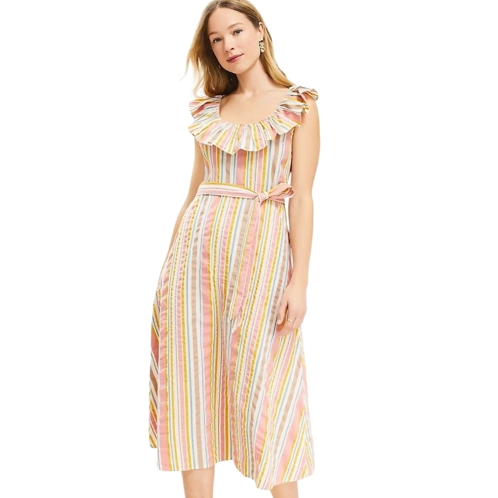 LOFT Women's Ruffle Sleeveless Belted Midi Dress Size 8P Multicolor Stripe NWT